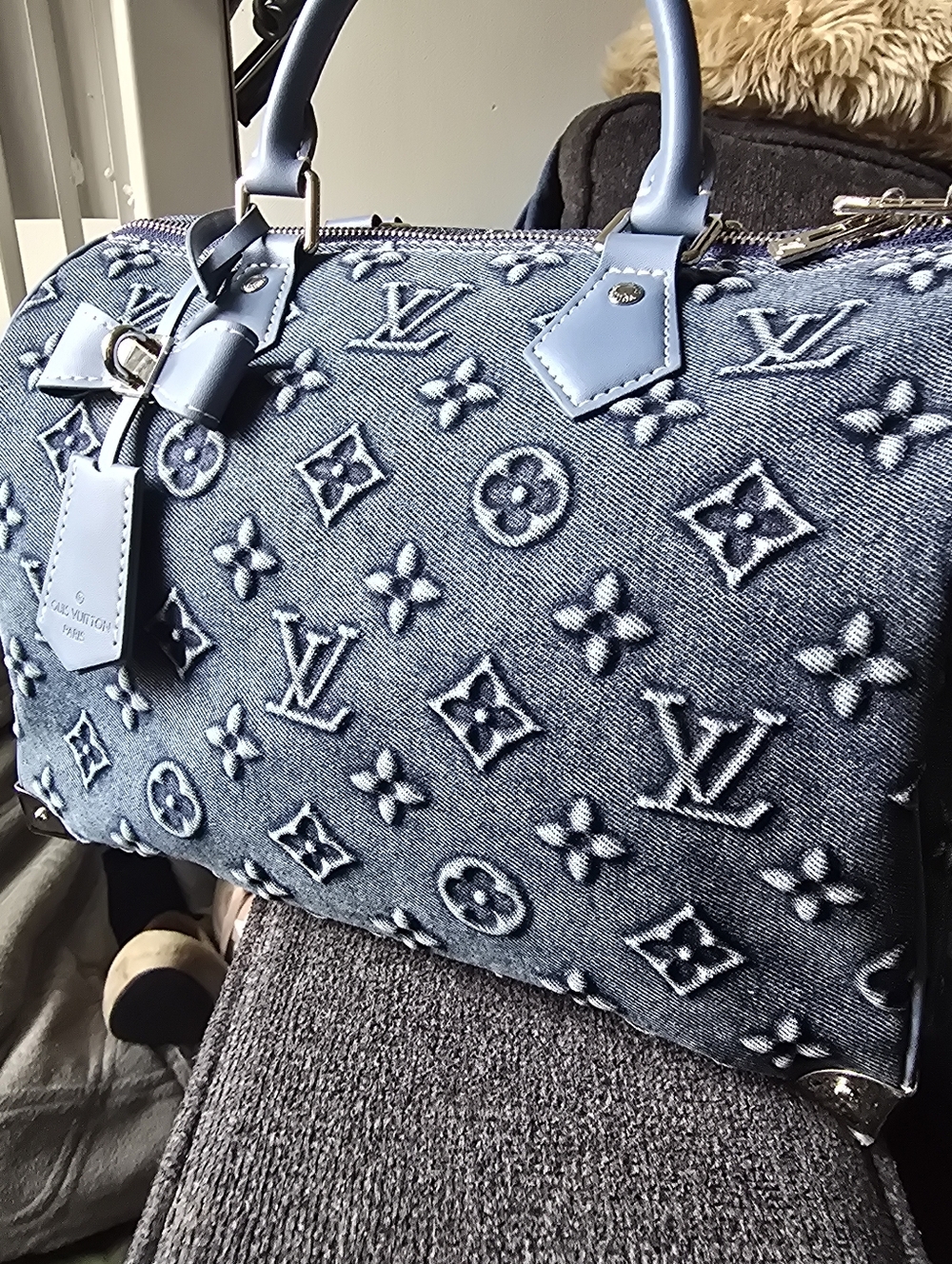 Cotton Denim Deluxe Monogram 30 Pillow Large Tote with Light Blue Leather Trim